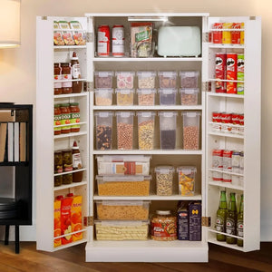 White 50" LED Kitchen Pantry Cabinet - Food Storage Cupboard with Adjustable Shelves & Racks