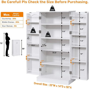 White 50" LED Kitchen Pantry Cabinet - Food Storage Cupboard with Adjustable Shelves & Racks