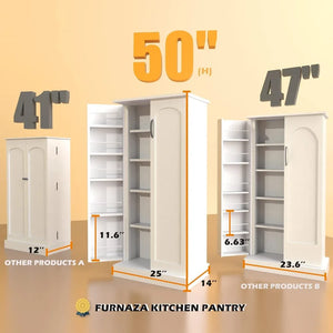 White 50" LED Kitchen Pantry Cabinet - Food Storage Cupboard with Adjustable Shelves & Racks