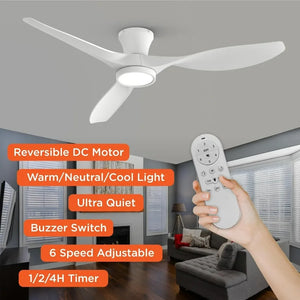 52-Inch Ceiling Fan with Lights - Modern Low Profile, Quiet Reversible DC Motor