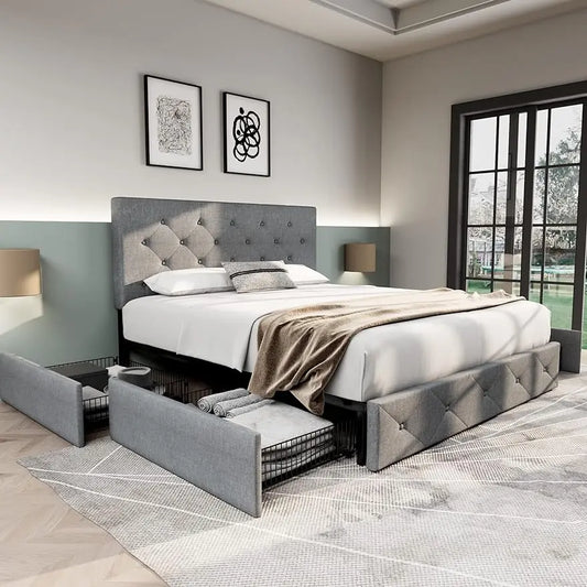 Light Grey Queen Size Platform Bed Frame with Headboard and 4 Storage Drawers
