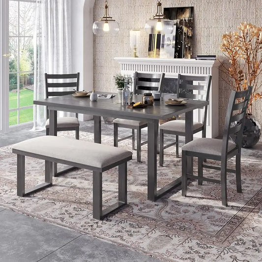 Grey Kitchen Dining Table Set - Rectangular Wood Table, 4 Chairs, 1 Bench with Padded Cushion, 6 Pcs