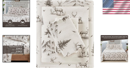 Cozy 100% Cotton Flannel Sheet Set in Gray Deer Toile - Full Size Comfort