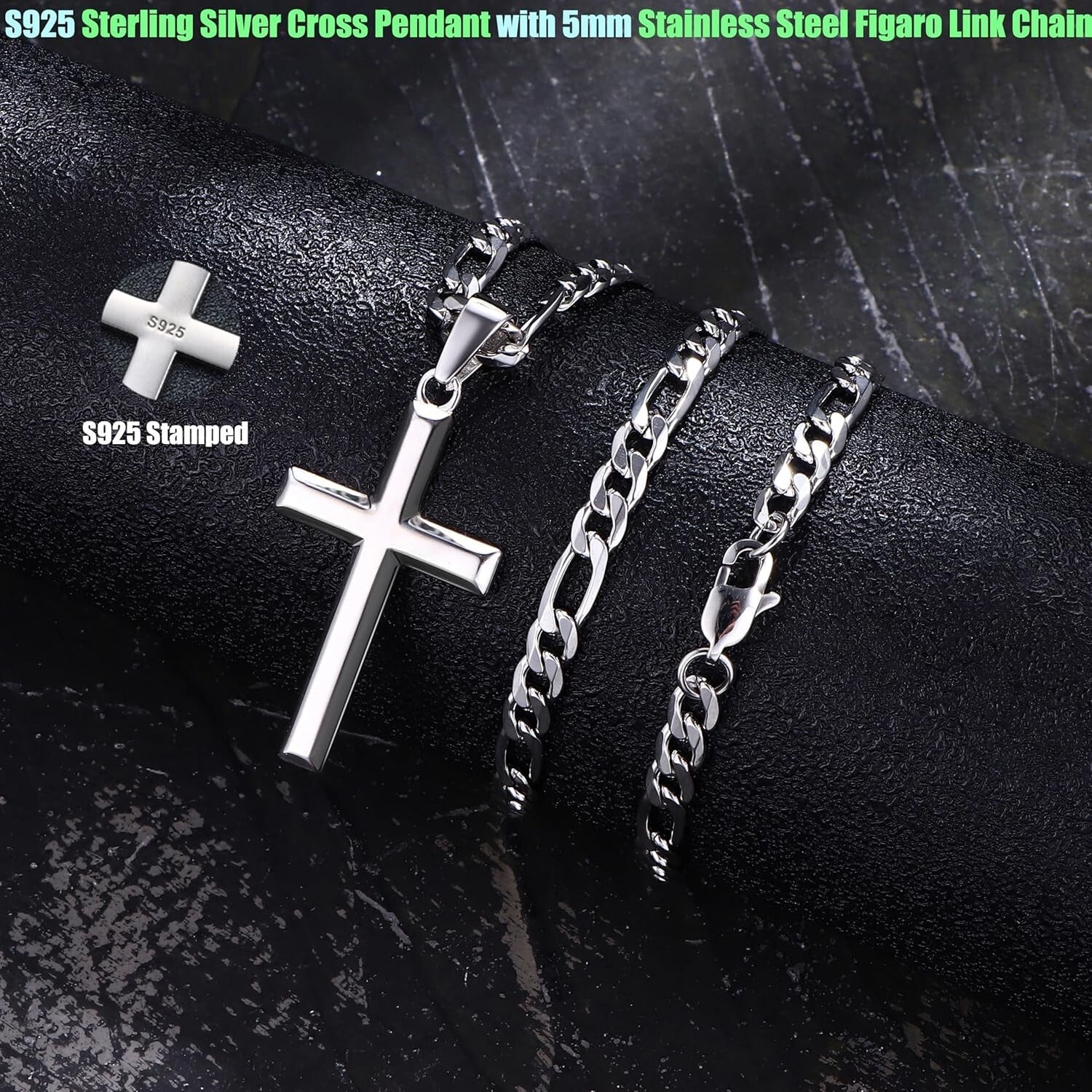 925 Sterling Silver Cross Necklace with Durable Figaro Chain - Gift Box Included