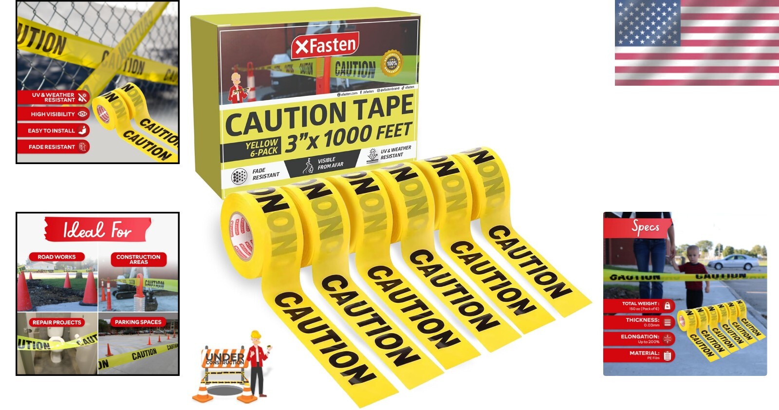 Durable Yellow Caution Tape Roll, 3 in x 1000 ft 6-Pack for Safety and Warnings