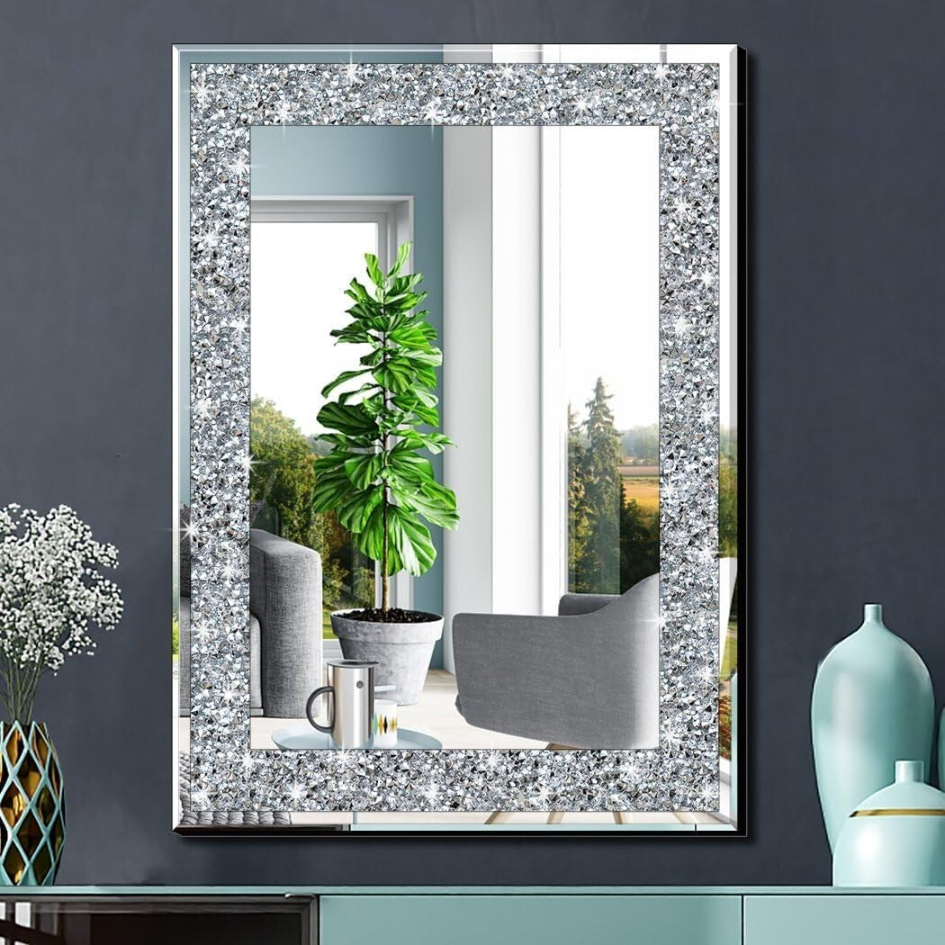 Elegantly Crafted 28x20" Silver Frameless Rectangle Mirror with Crystal Design