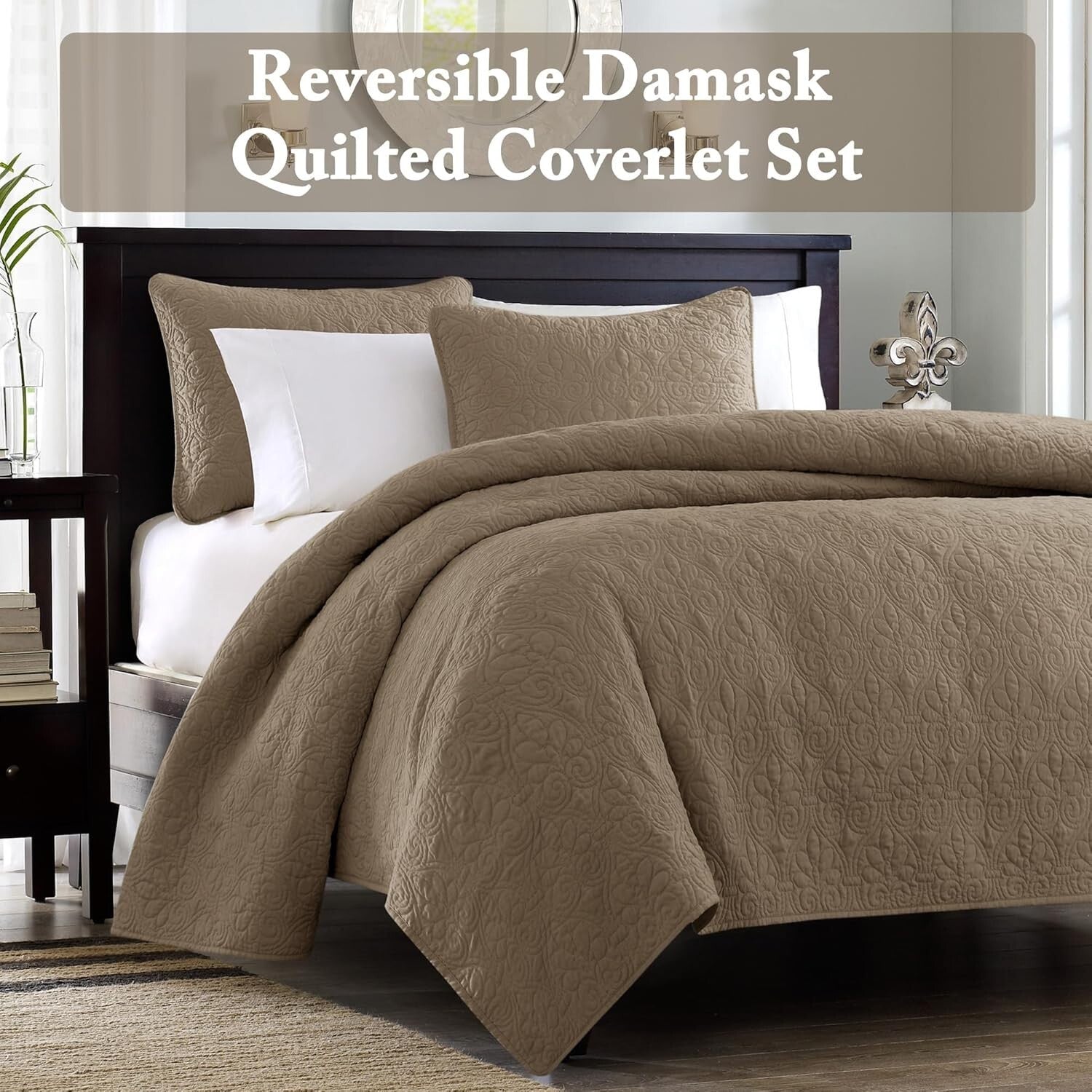 Luxurious Cotton-Filled Quebec Coverlet with Damask Shams - King/Cal King Size