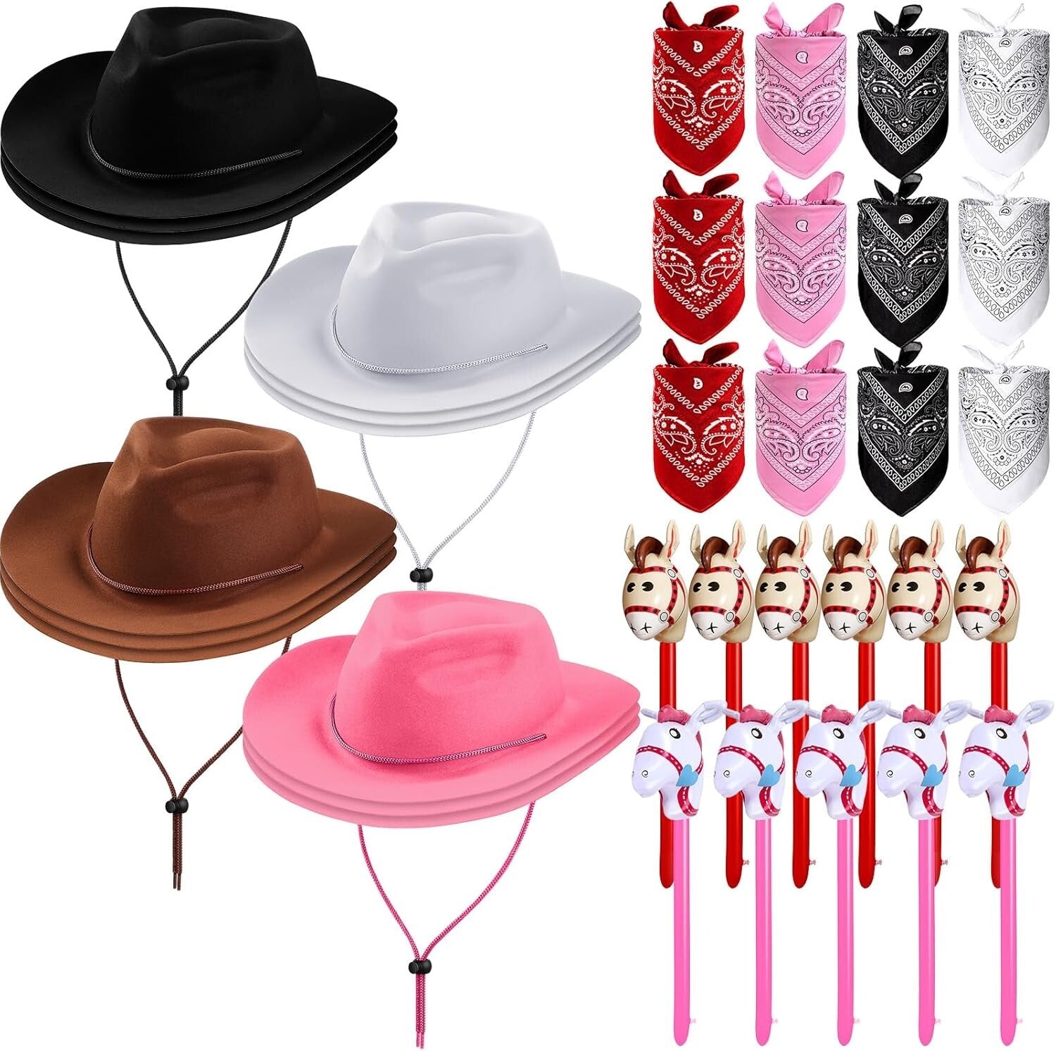 Fun Cowboy Costume Set - 36 Pcs of Hats, Bandanas & Inflatable Stick Horses
