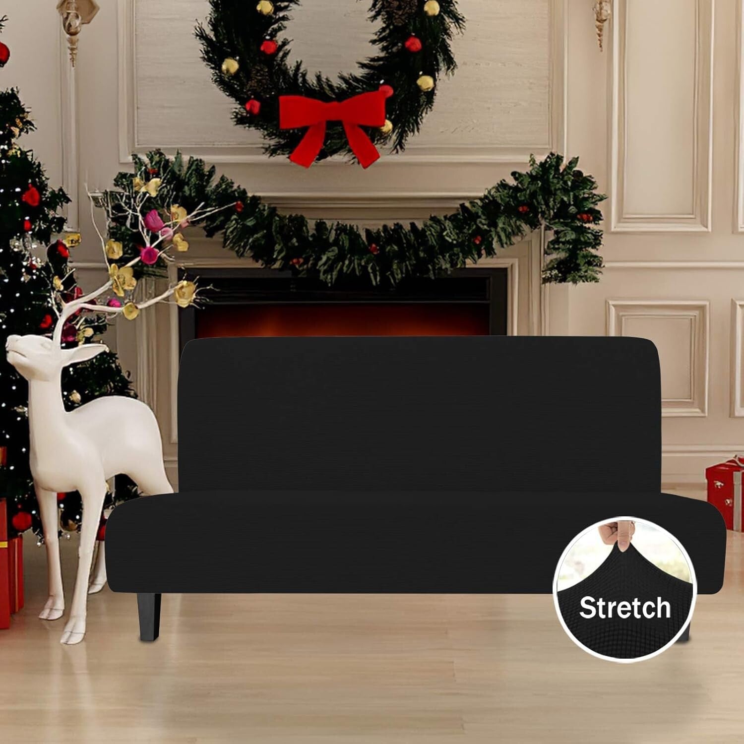 Elegant Black Armless Futon Slipcover - Stretchy Jacquard Fabric Protector