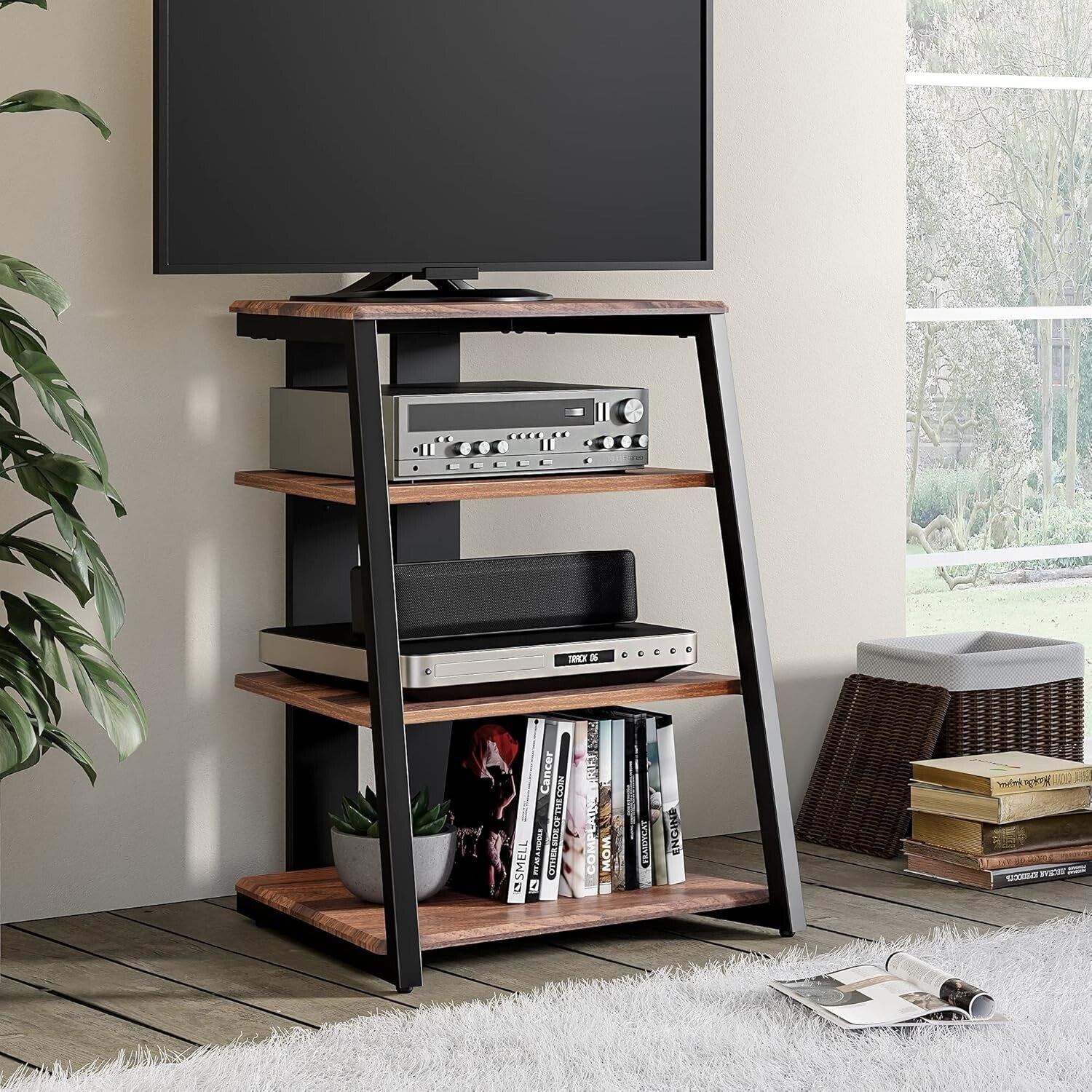 Elegant Corner Shelf for Record Player & Media with Adjustable Wooden Shelves