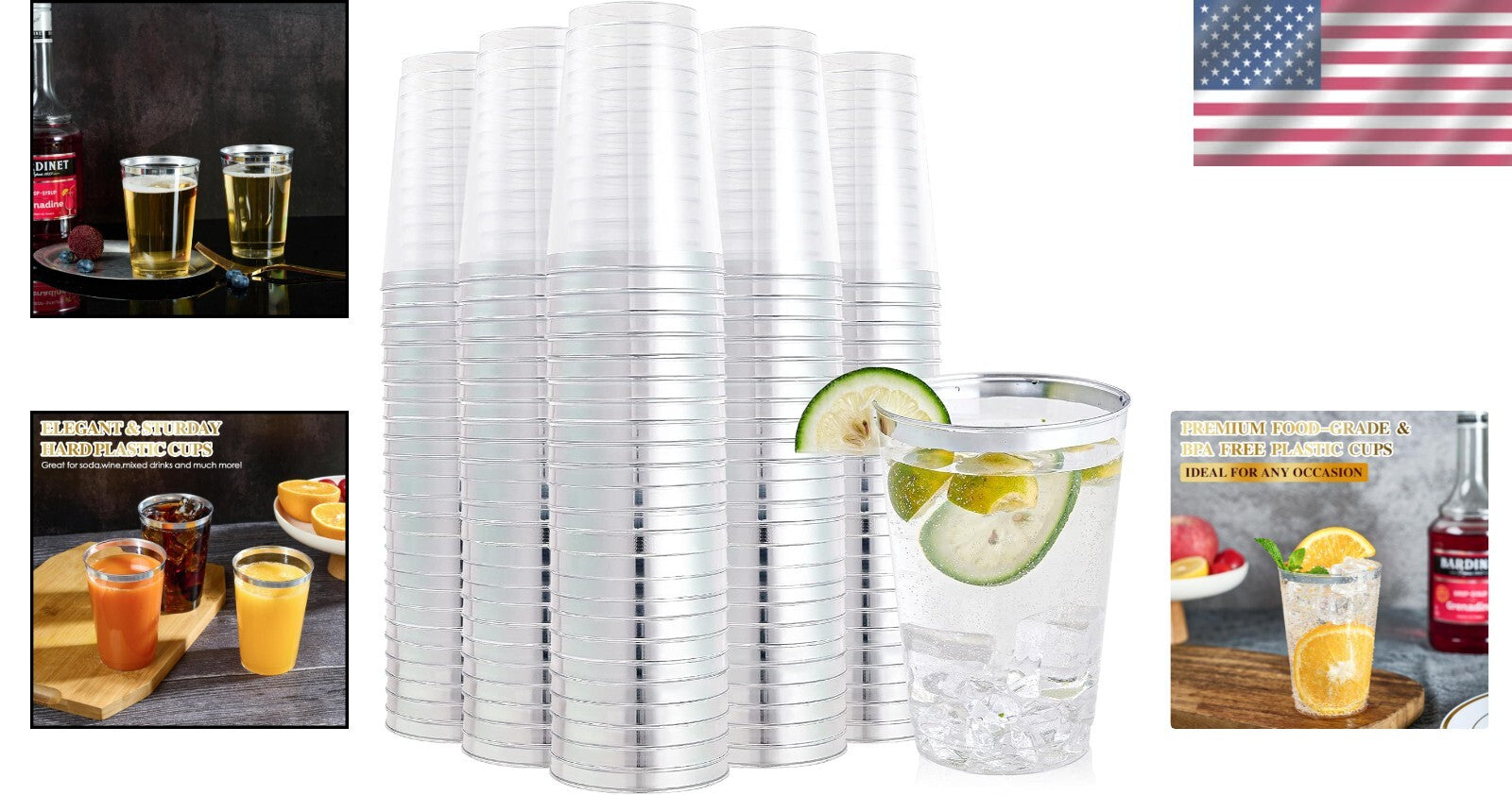 Sturdy 12 oz Clear Plastic Cups with Silver Rim - Perfect for Weddings & Events