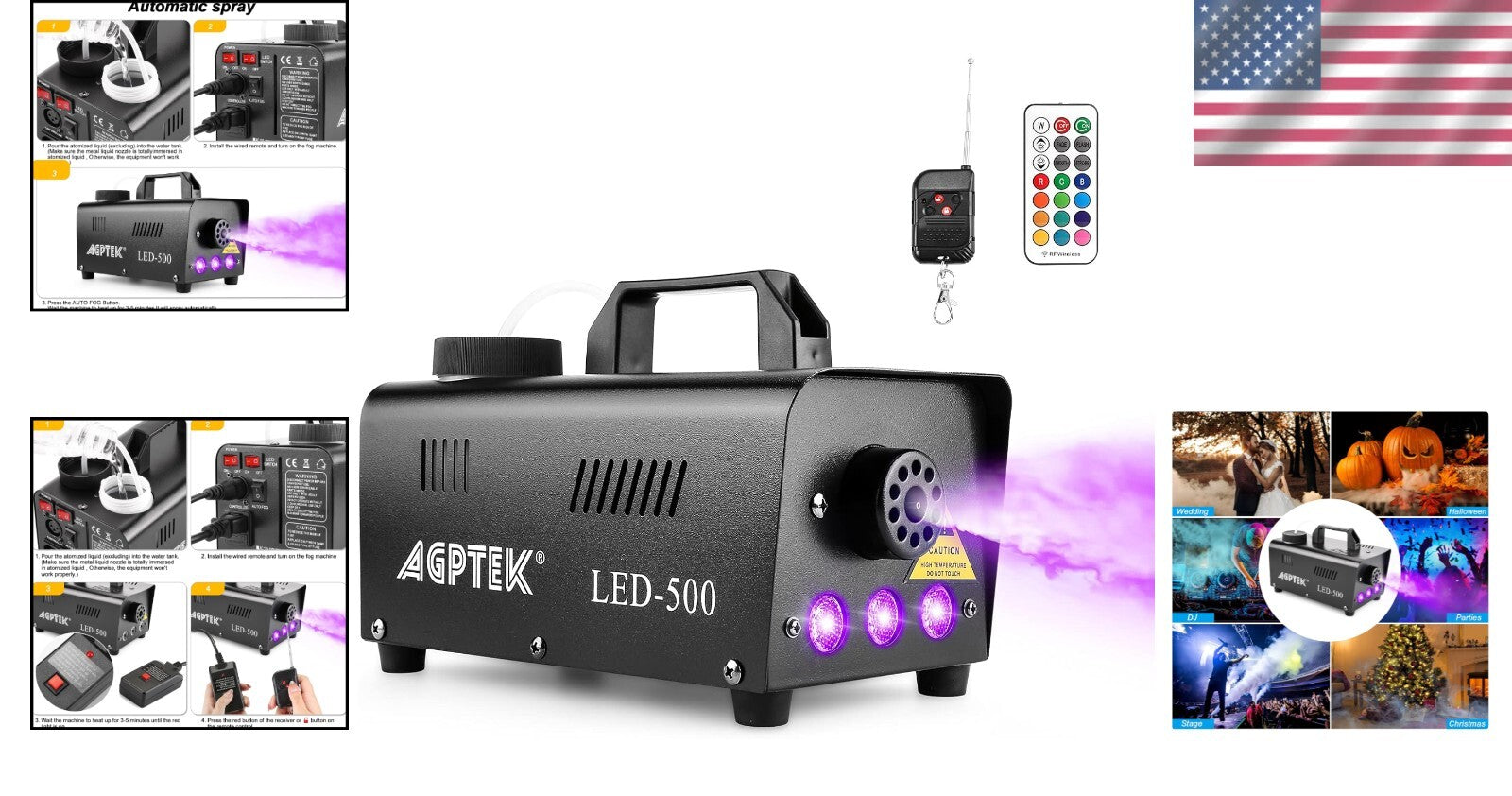 Automatic Spray Smoke Machine with Colorful LED Effects and Remote Control