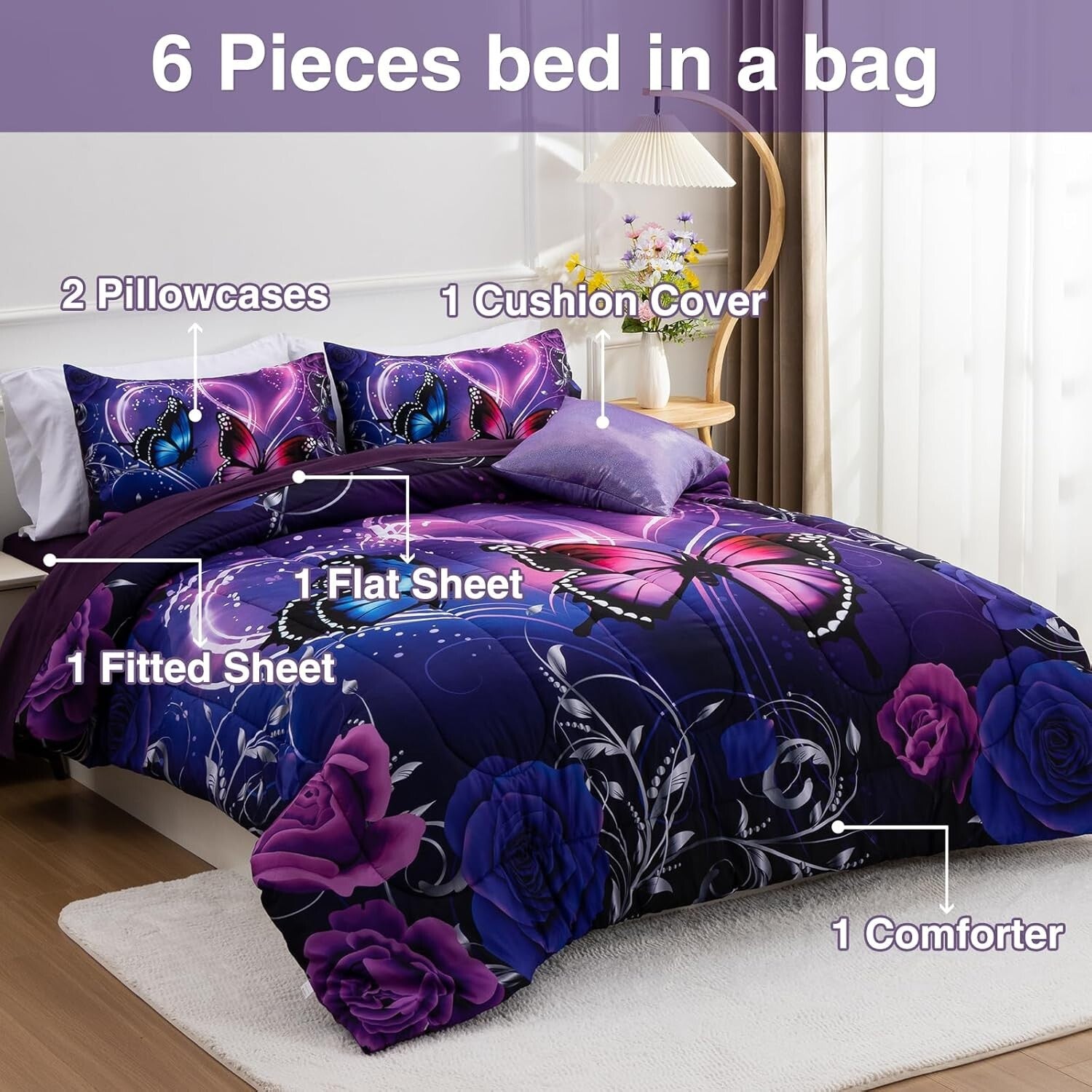 Galaxy 6pc Twin Comforter Set: Dreamy 3D Butterfly Print in Purple & Blue