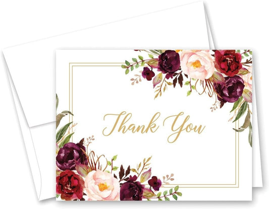Chic Burgundy Floral Thank You Cards Pack of 50 - Ideal for Expressing Gratitude