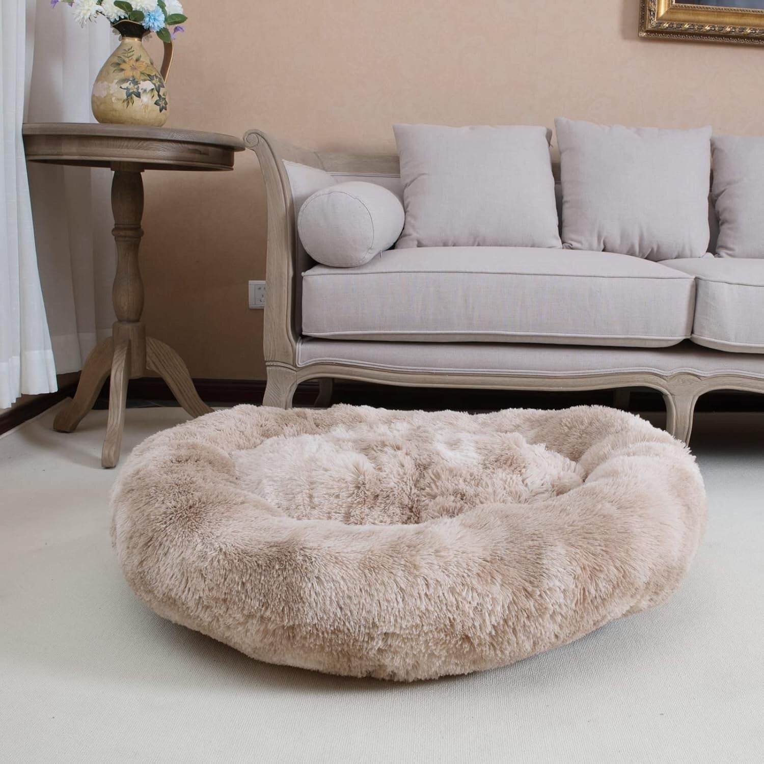 Beige Donut Cuddler Dog Bed - Anti-Skid, Machine Washable 36" for Medium Dogs