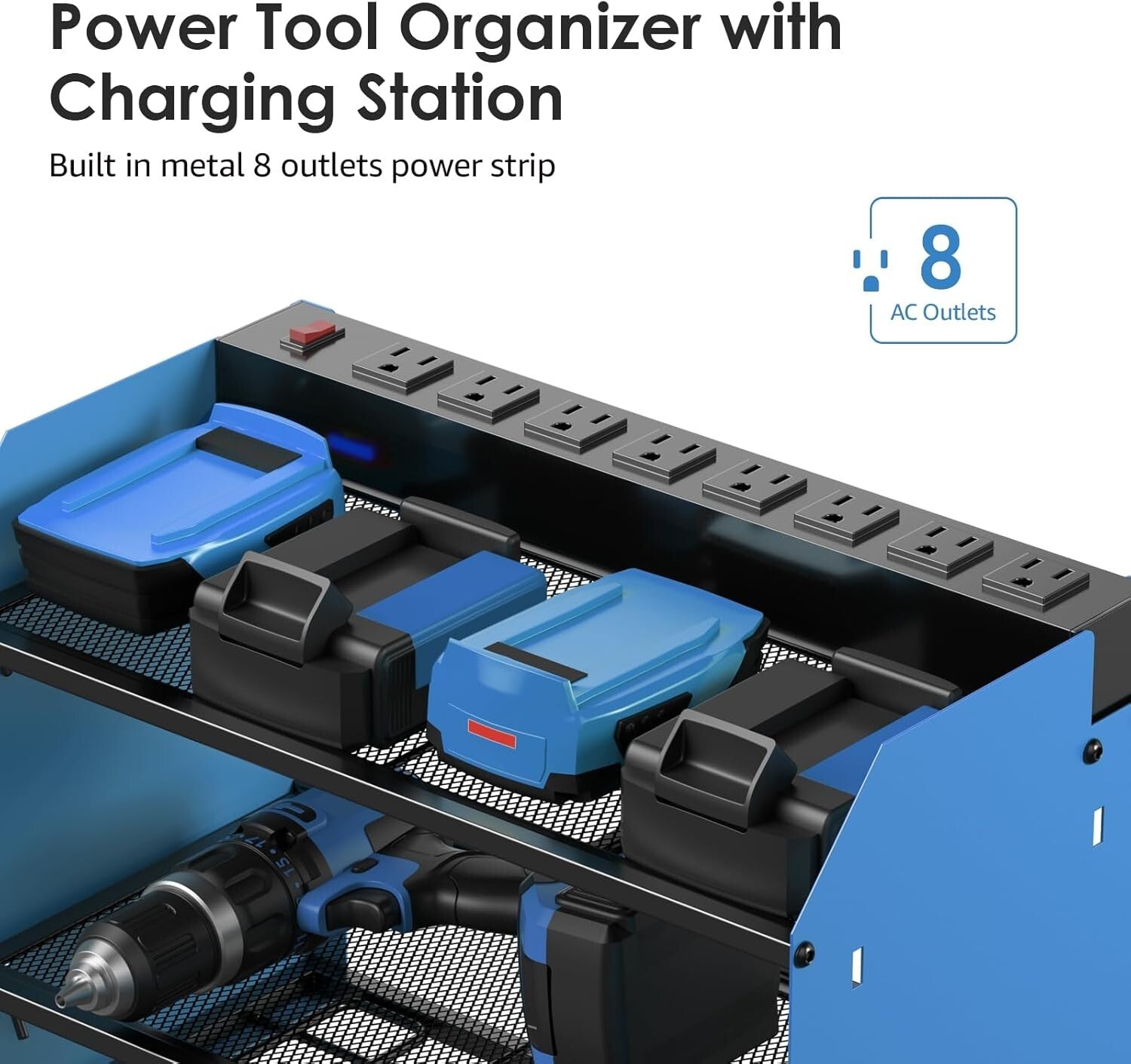 Efficient Garage Tool Organizer with Charging Station & Durable Metal Finish