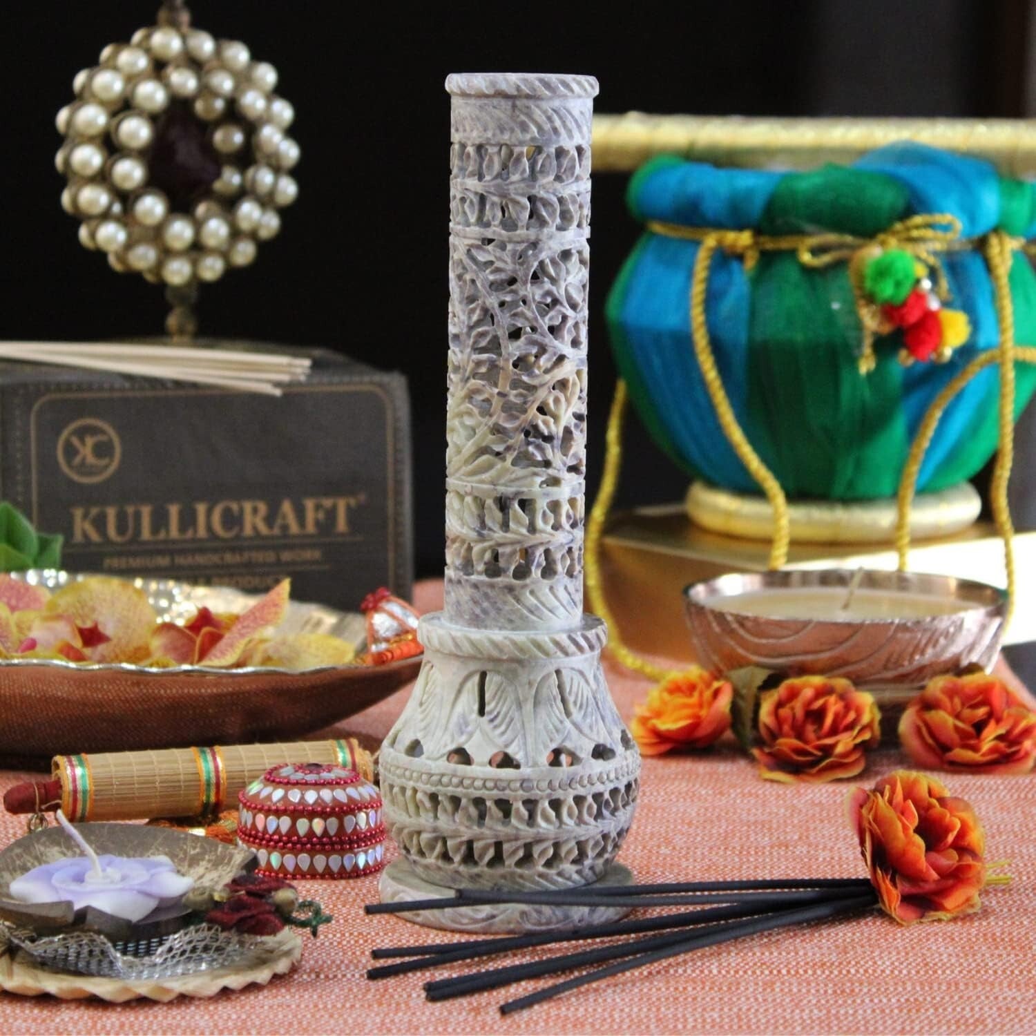 Intricate Floral Carved Soapstone Incense Tower & Tea Light Stand for Gifting