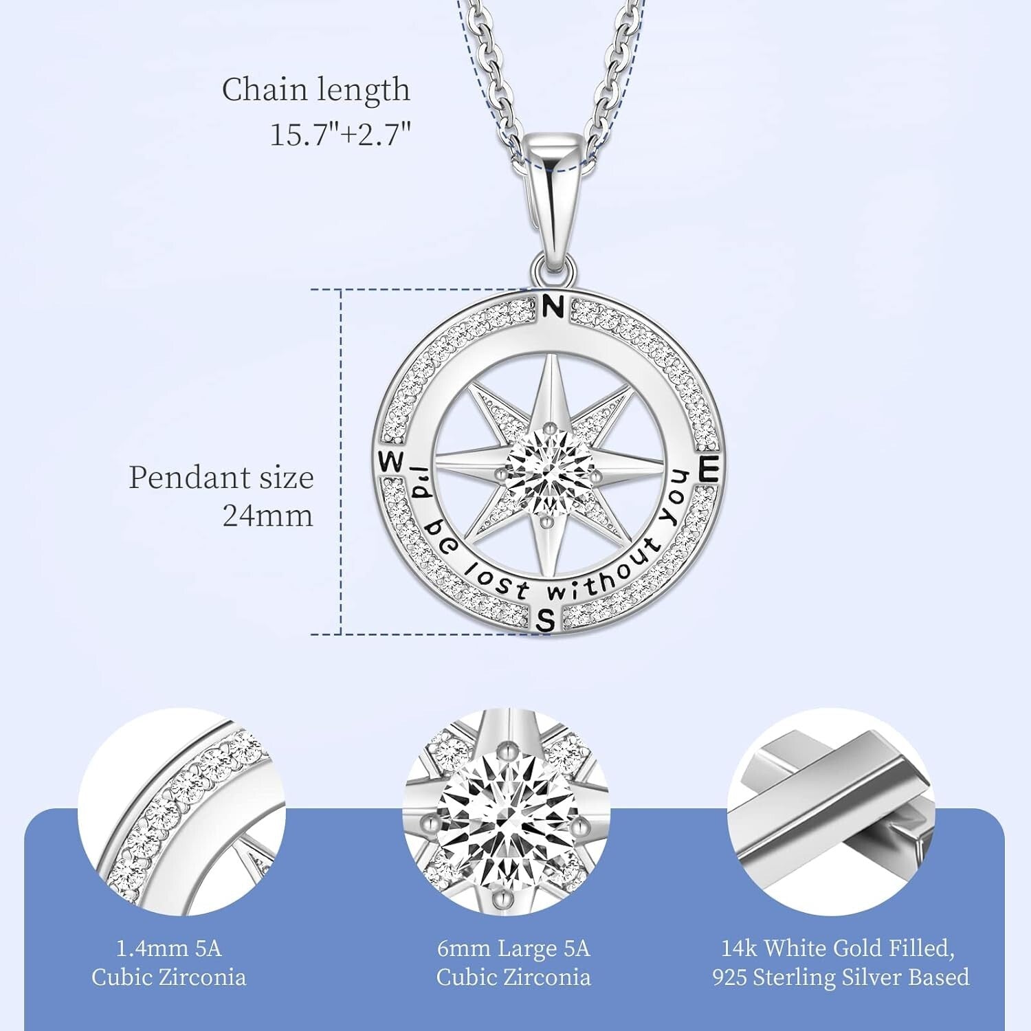 Cubic Zirconia Compass Necklace - 18k Gold Filled Gift for Wife or Girlfriend