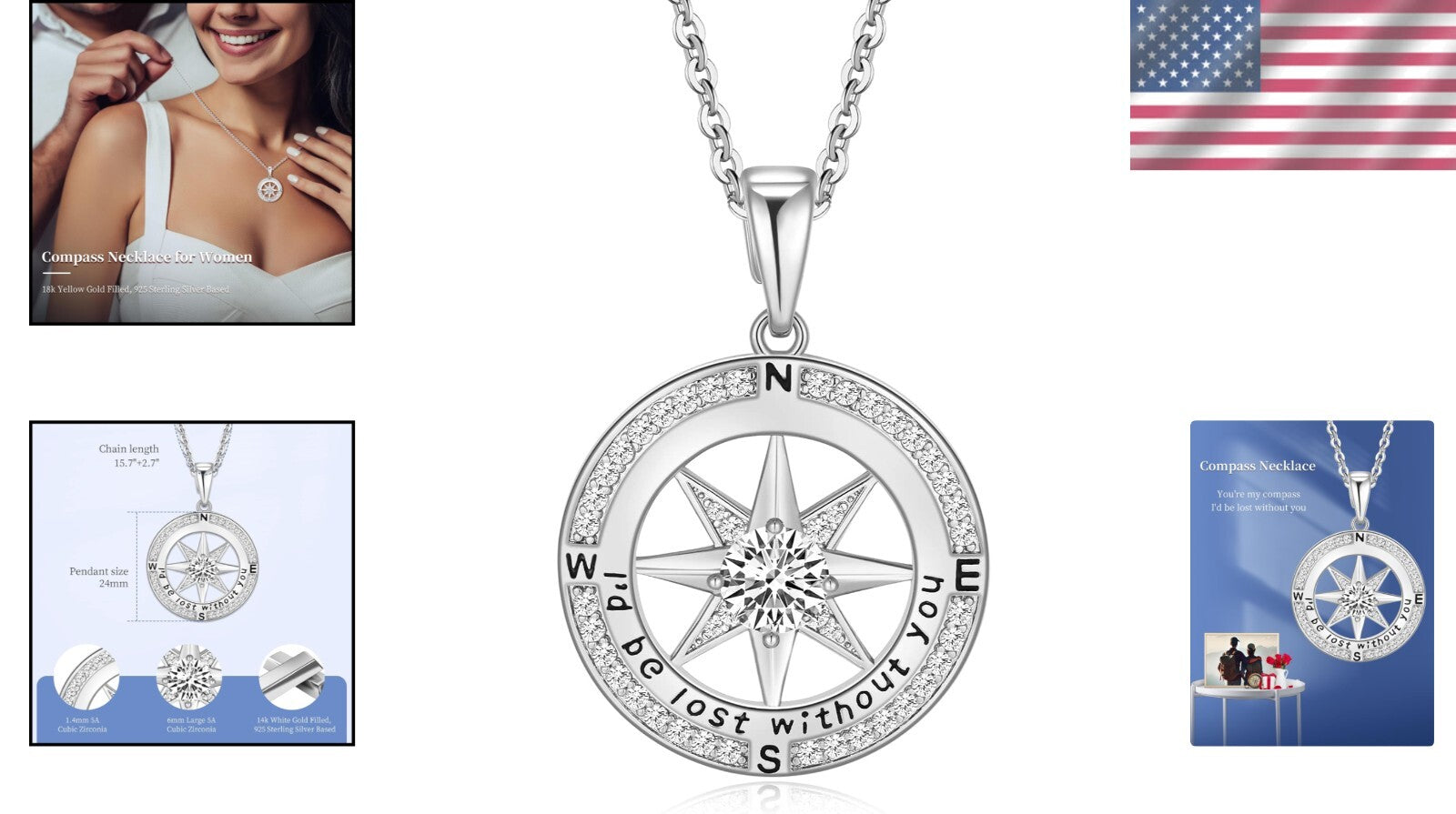 Cubic Zirconia Compass Necklace - 18k Gold Filled Gift for Wife or Girlfriend