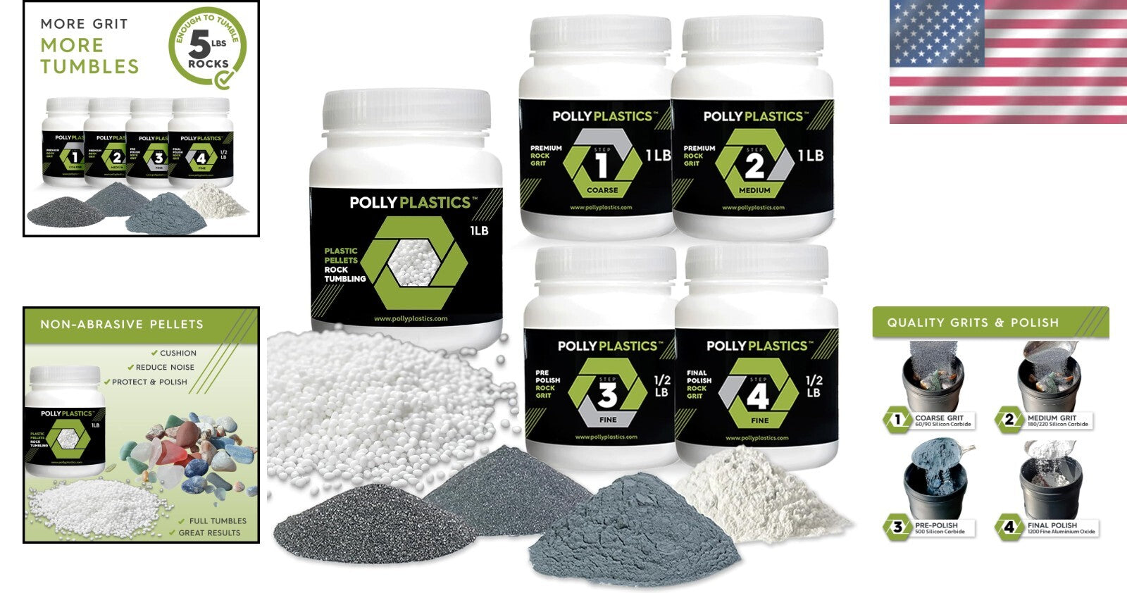 Complete Rock Tumbling Media Grit Kit with Premium Filler Pellets - USA Made