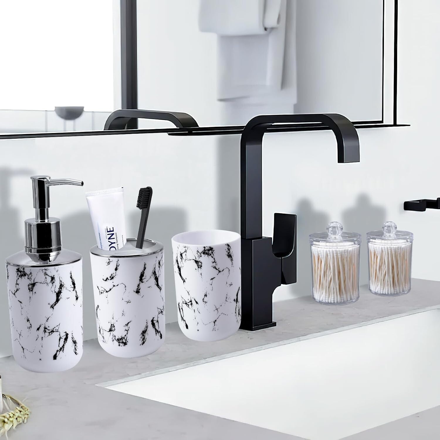 Complete White Marble Bathroom Collection - Trash Can, Soap Dispenser & More