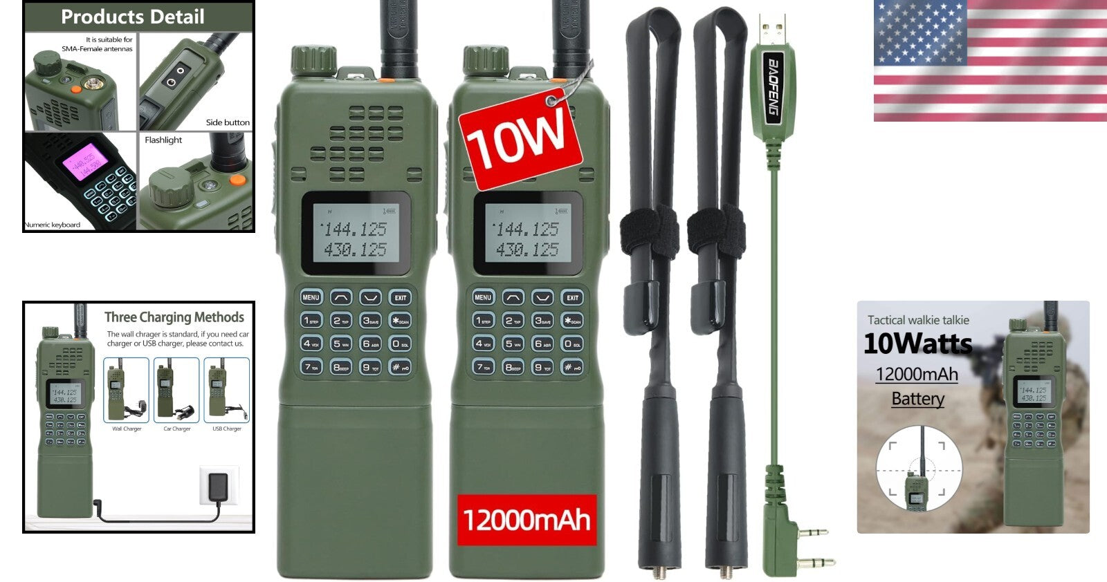 Military Grade 10W Two Way Radio Pack with Rechargeable Batteries and Antennas