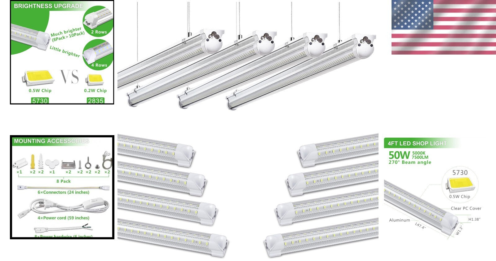 8-Pack 4FT LED Shop Lights - 50W, 7550LM - Daylight White for Garage & Workshop