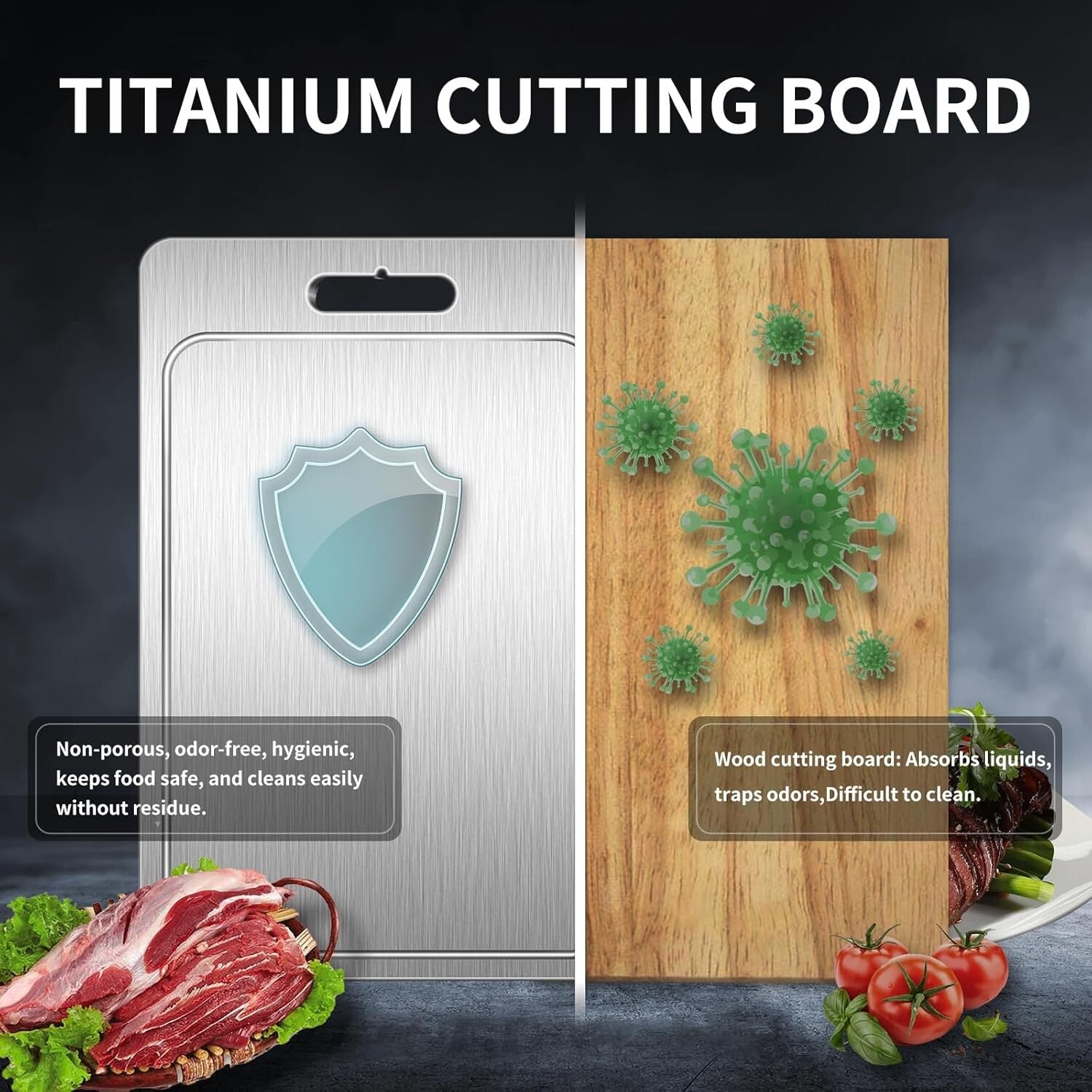 100% Pure Titanium Double-Sided Cutting Board with Juice Groove - Large Size