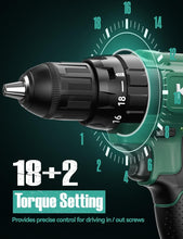 Load image into Gallery viewer, KIMO 20V Cordless Drill Set - 2 Batteries, 350 In-lb Torque, 18 Accessories