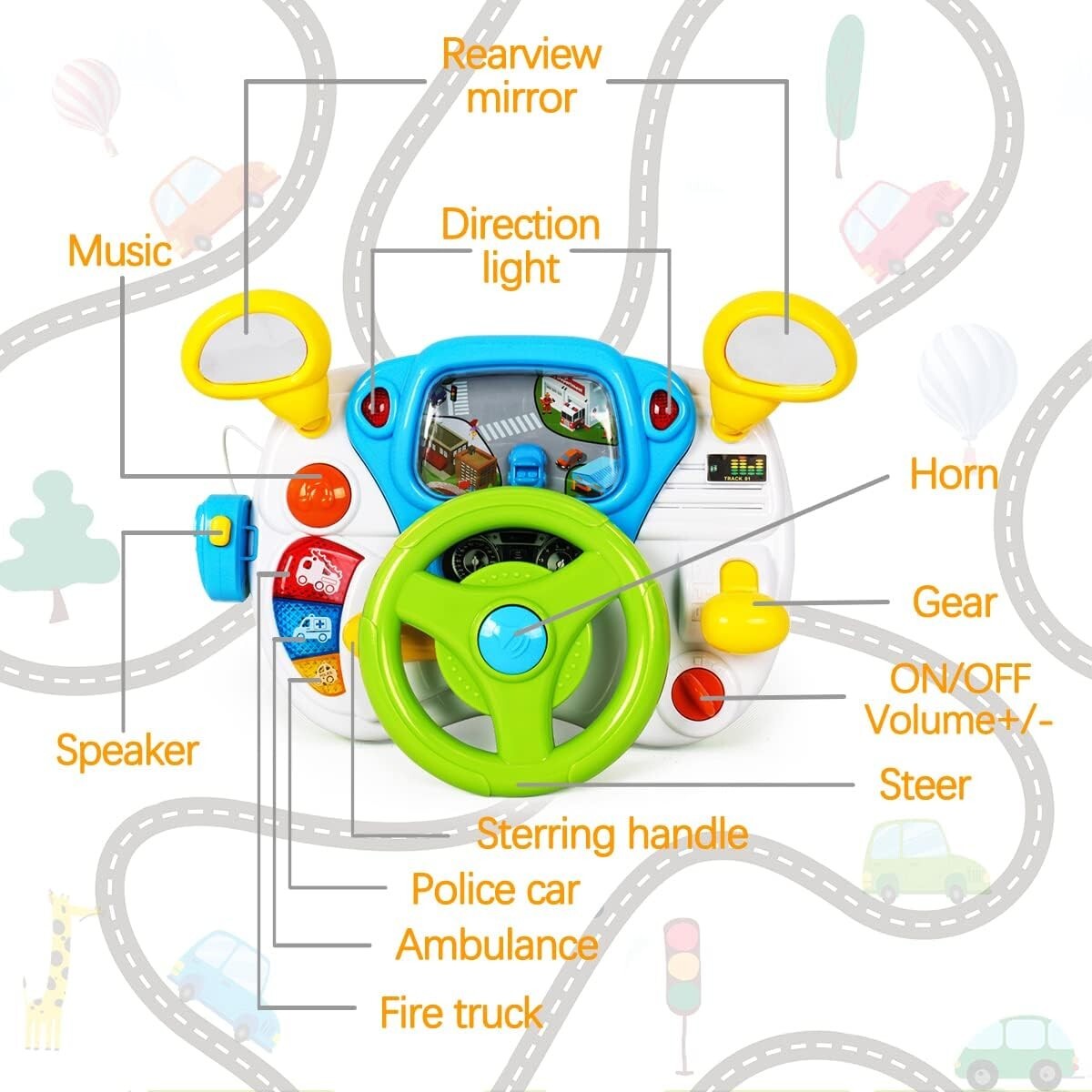 Educational Toddler Steering Wheel Toy with Alarm Sounds & Simulated Driving Fun