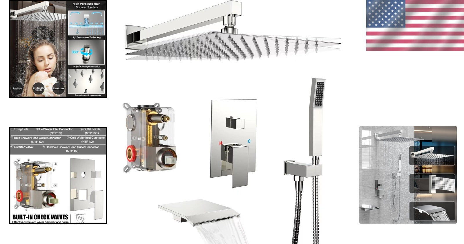 Chrome Wall-Mounted Rain Shower & Tub Spout Set with 10-Inch Head - Easy Install