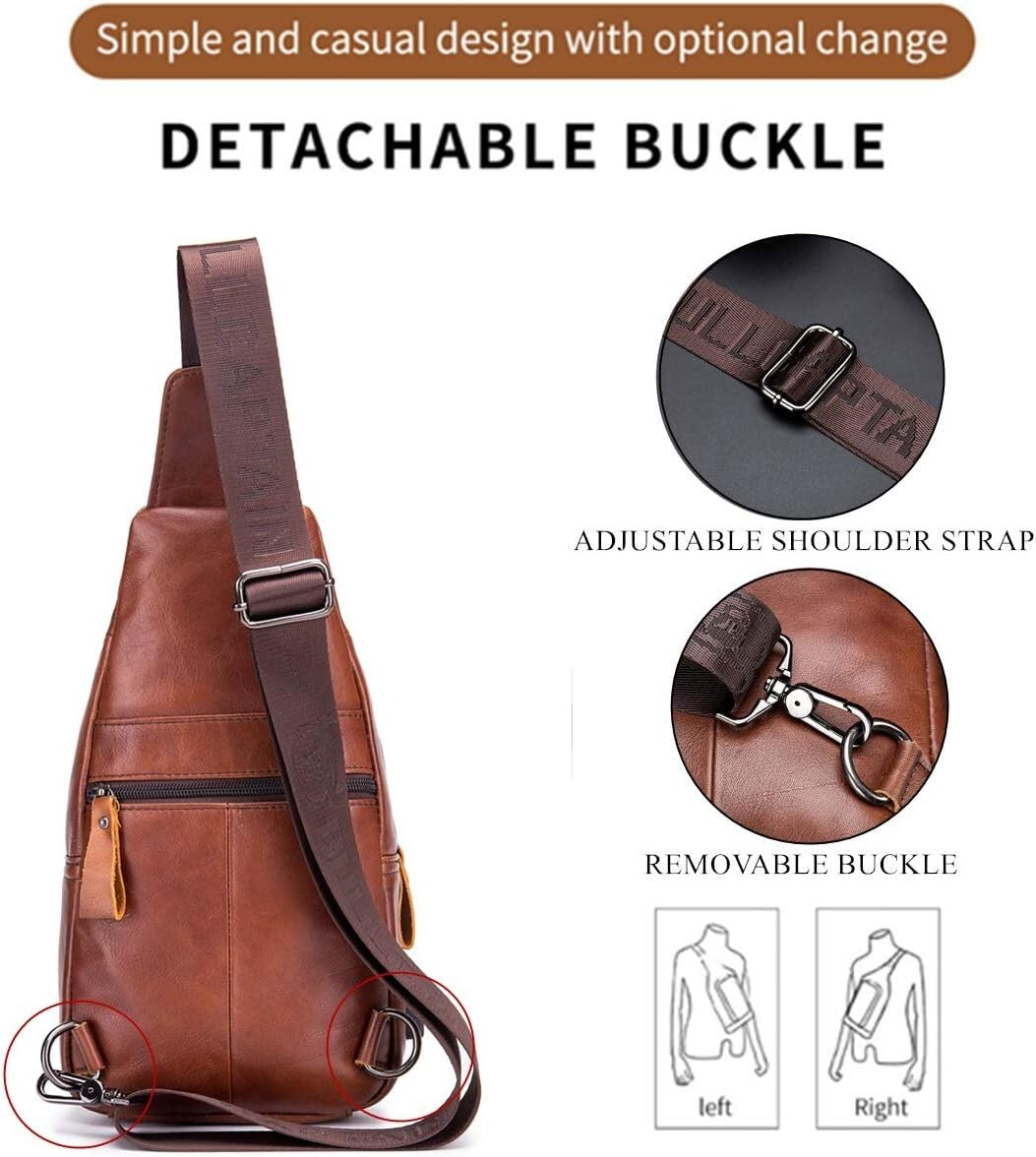 Compact Chest Bag for Men - Genuine Leather with USB Charging & Multi-Pockets