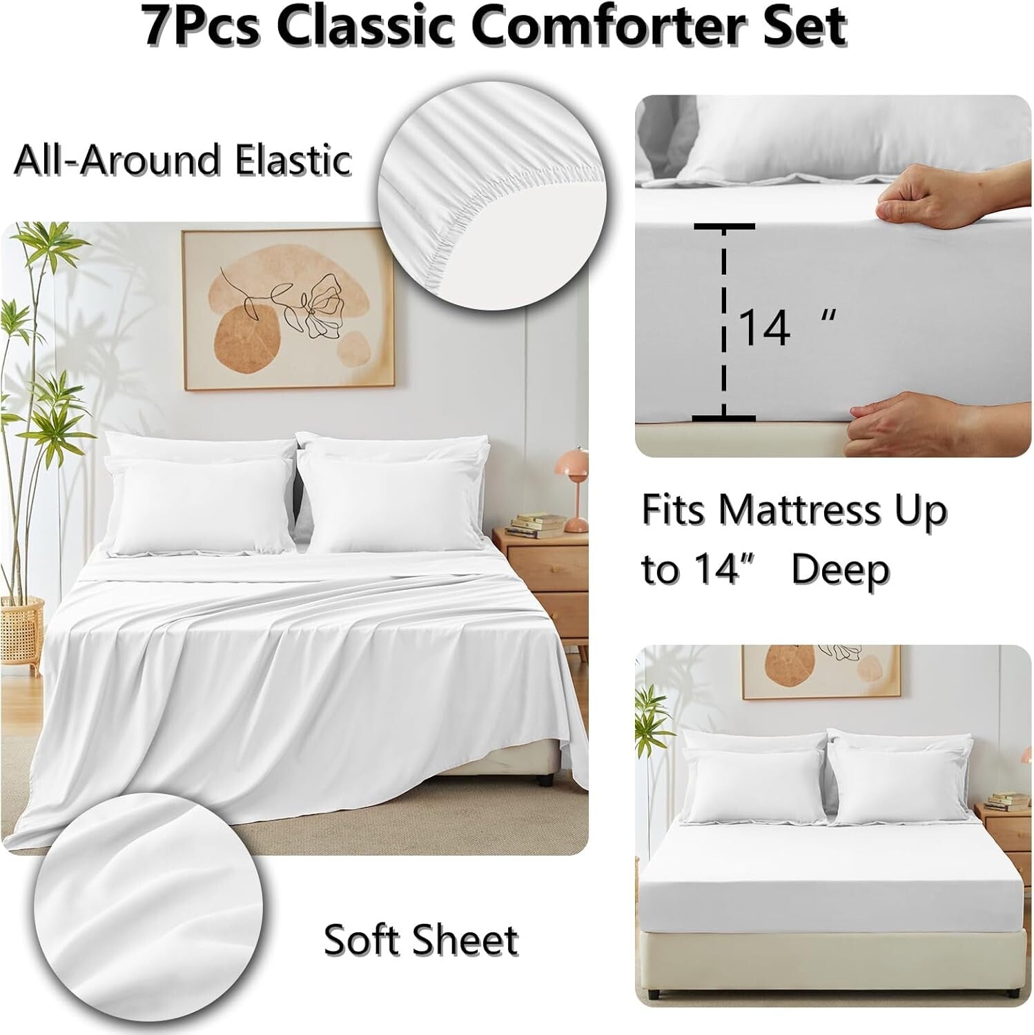 7-Piece King Size Comforter Set - Soft White Luxury Bedding for All Seasons