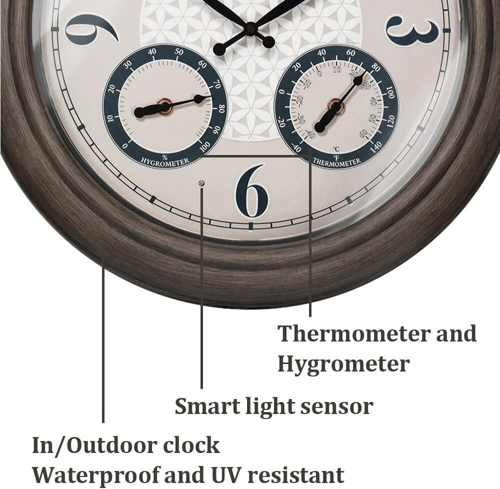 Elegant 18 Inch Illuminated Outdoor Clock with Thermometer - Grey Oak Finish