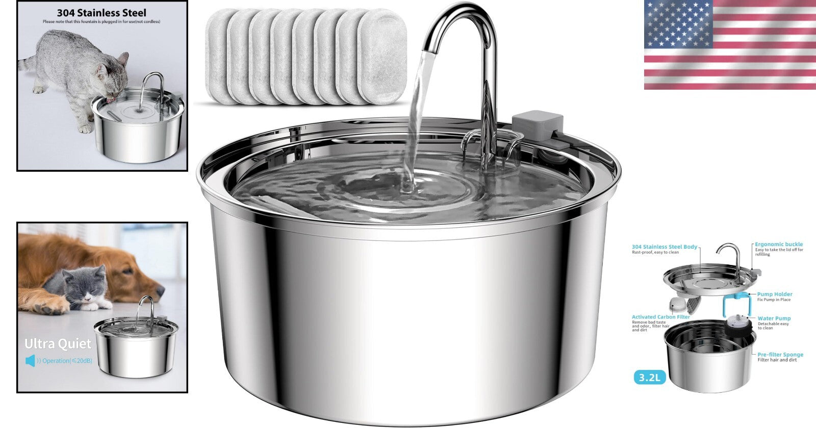 Large 3.2L Stainless Steel Pet Water Fountain - Includes 8 Replacement Filters
