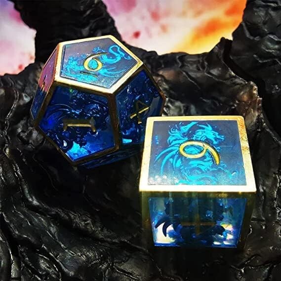 Eco-Friendly Blue Dragons Polyhedral Dice Set - 7 Hollow Metal/Resin Variety
