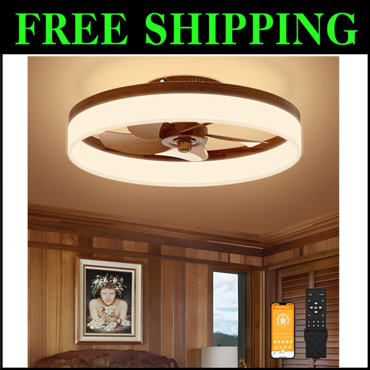 Stylish 19.7in Walnut Farmhouse Ceiling Fan with Dimmable LED Lights & Remote