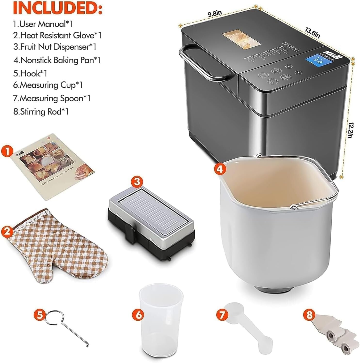 17-in-1 Stainless Steel Bread Maker with Dual Heaters & Auto Nut Dispenser