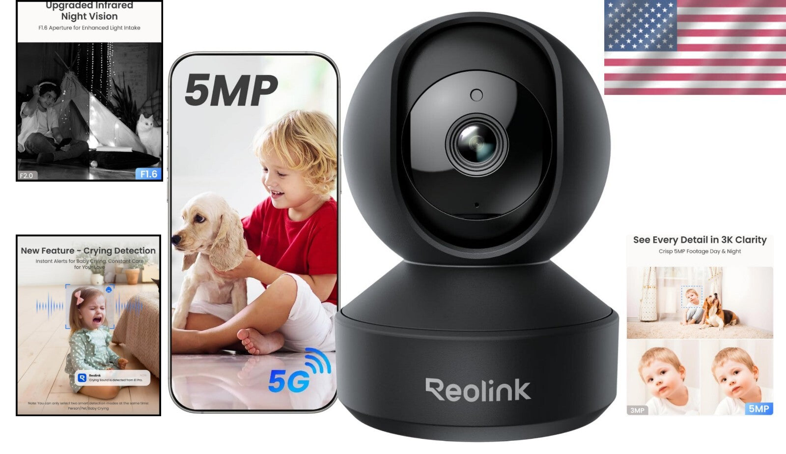 Advanced 5MP Indoor Camera with Auto Tracking & Multiple Storage Options - Black