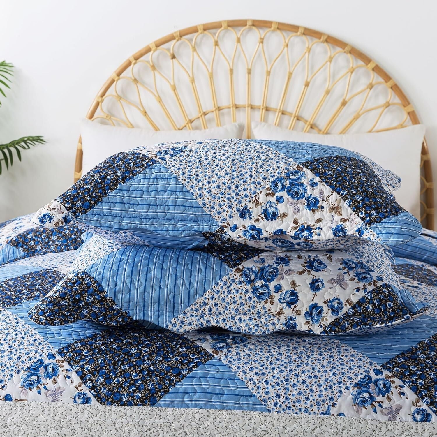 California King Quilt Set - 120x120 Blue Rustic Floral Bedspread & 2 Pillowcases