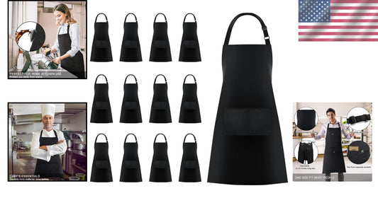 Black 12-Pack Adjustable Aprons with Pockets - Perfect for Home and Studio