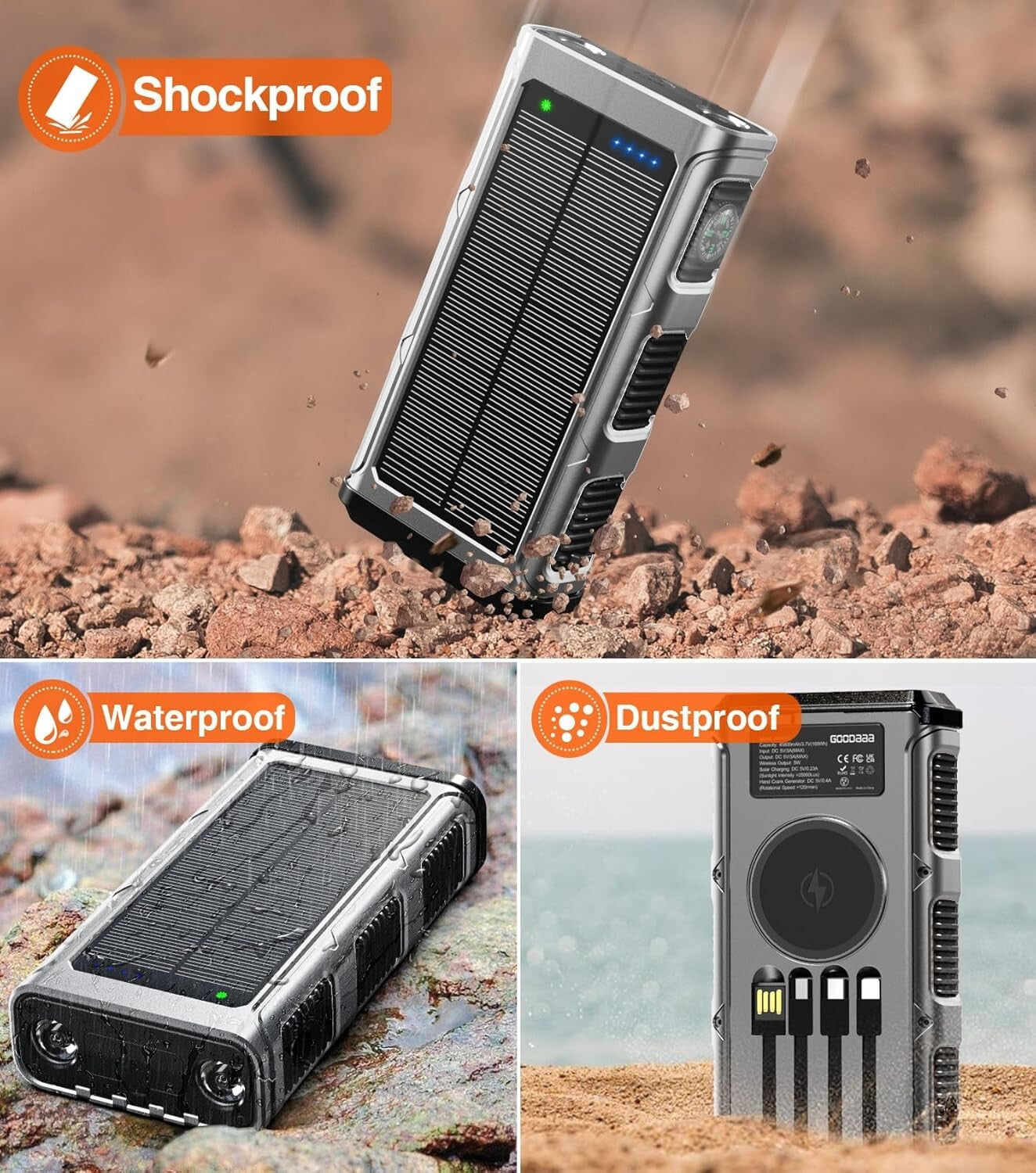 45800mAh Solar Power Bank with Built-In Cables & Flashlight - Fast Charging