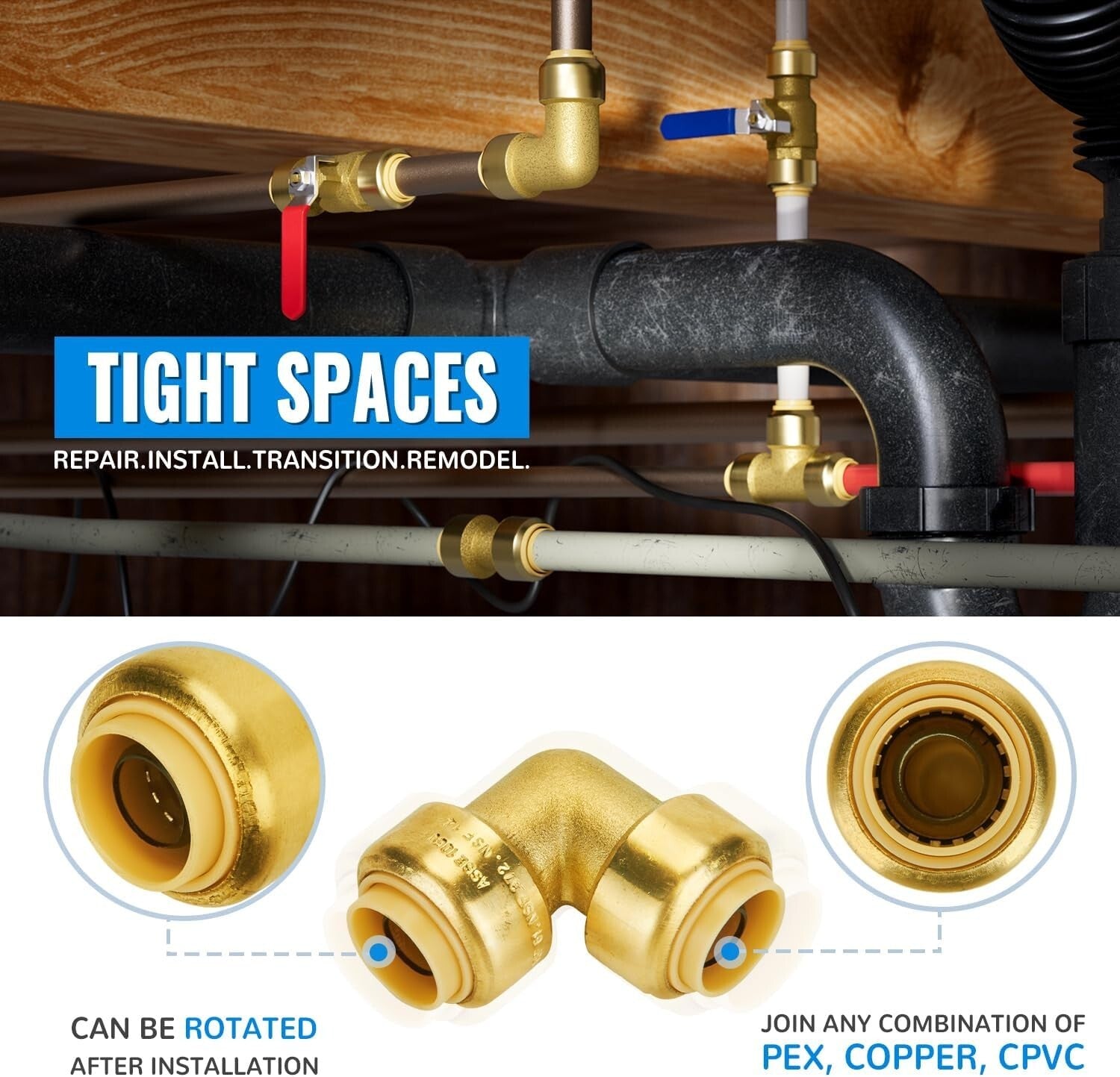 Durable 1/2 Inch 90 Degree Brass Elbows - Push PEX Plumbing Fittings Pack of 12
