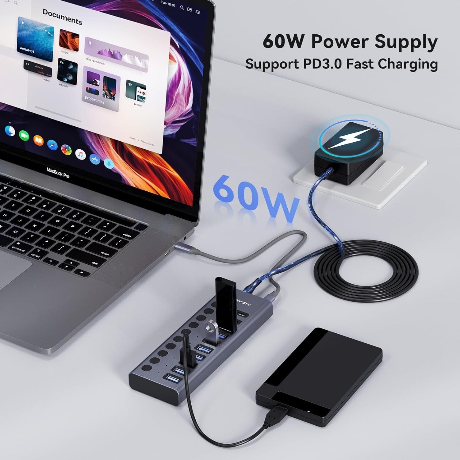 High-Speed USB 3.2 Hub: 10 Ports with Fast 10Gbps Data Transfer & Power Adapter