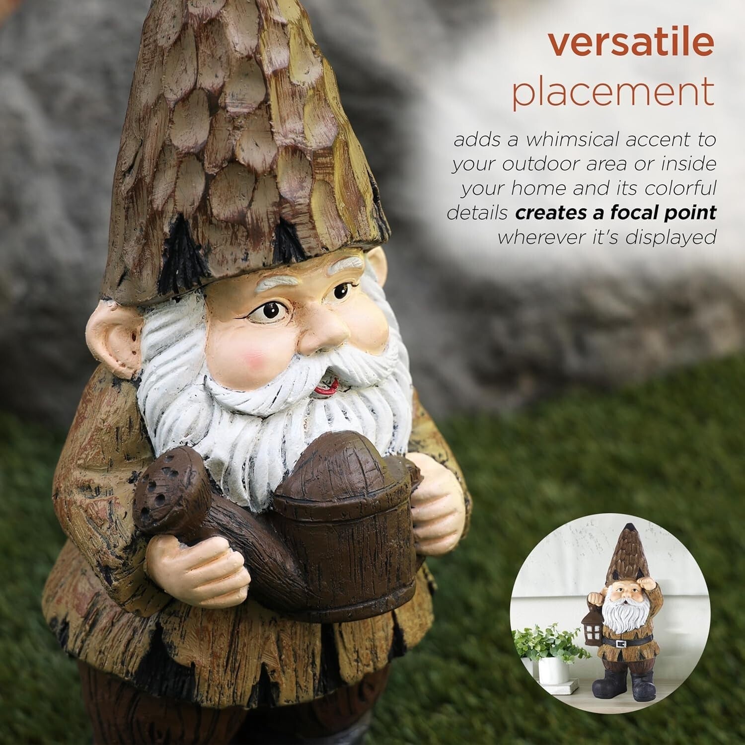 Durable Indoor/Outdoor Gnome with Lantern - 16" Brown Statue for Gardens