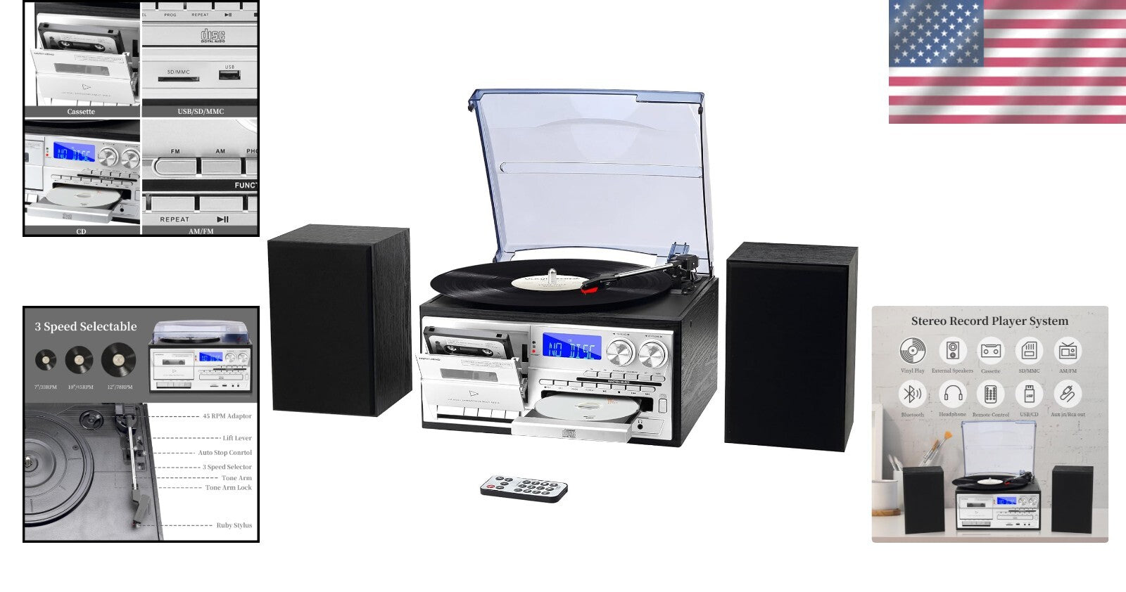 Compact Bluetooth Turntable & AM/FM Radio with External Speakers, USB/SD Options