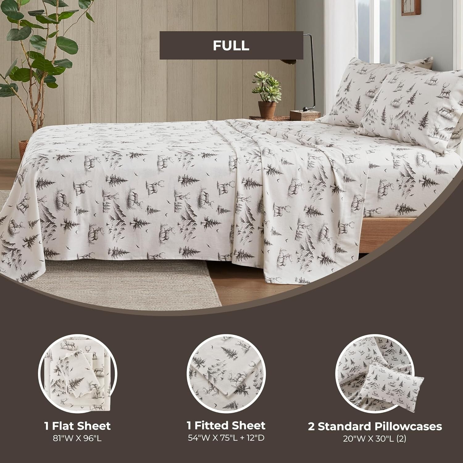 Cozy 100% Cotton Flannel Sheet Set in Gray Deer Toile - Full Size Comfort