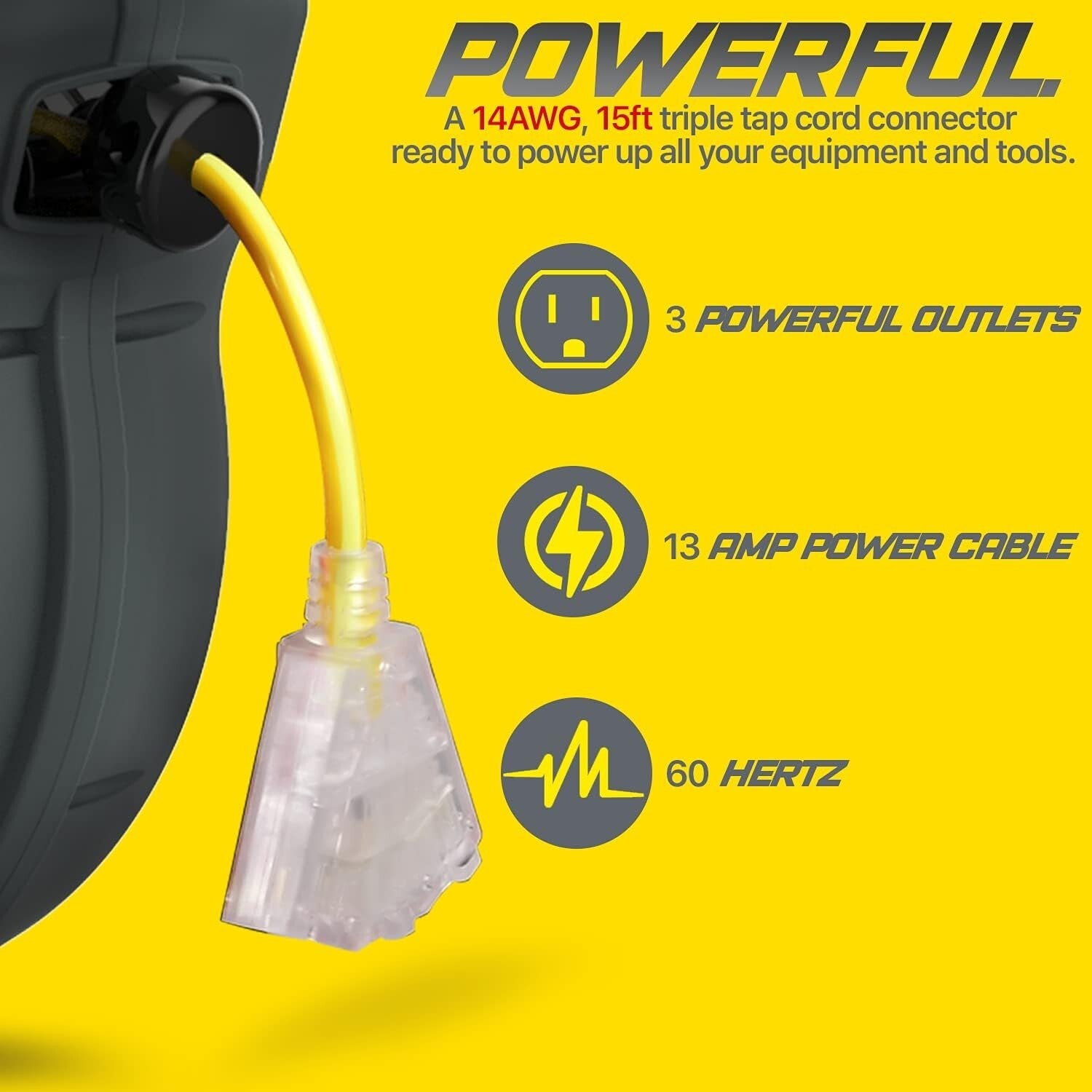 Durable 50ft SJTOW Extension Cord Reel - UV Resistant with Adjustable Stopper