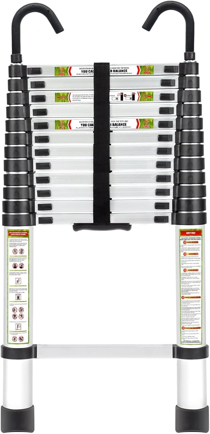 16.5FT Telescopic Aluminum Ladder with Double Hooks & Non-Slip Feet, 330lb Cap