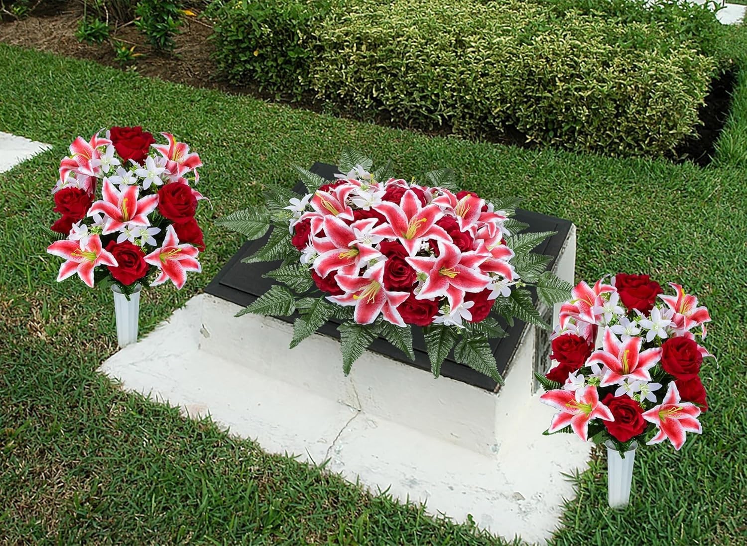 Elegant Artificial Cemetery Flower Saddle with 3 Bouquets for Headstone Decor